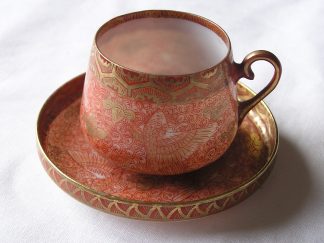 Small eggshell cup and saucer with winged fish, marked Tashiro, 1912-1926
