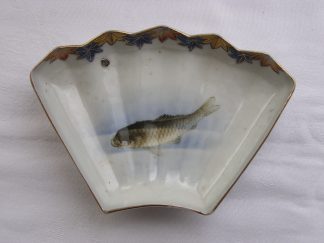 Small fan-shaped Fukagawa dish with carp, 1880-1900